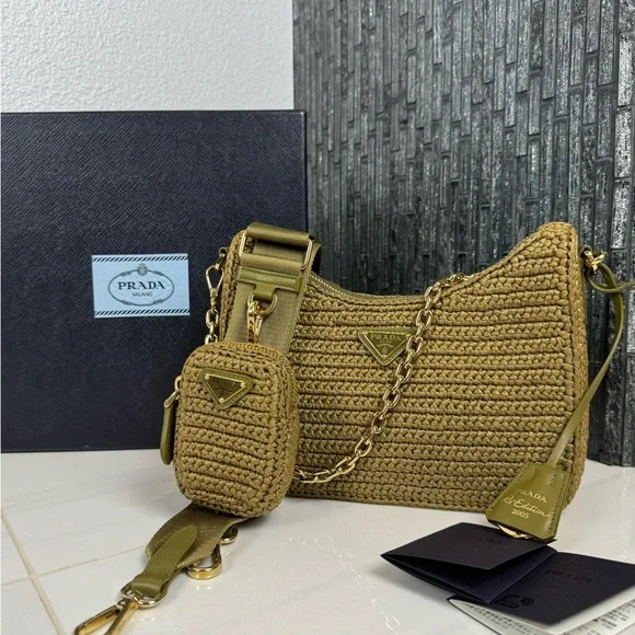 🌿Prada Re-Edition 2005 Raffia Crochet Olive Green Crossbody Bag